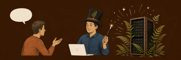 The customer and a top-hatted sysadmin talk; a wand conjures a server rack framed by ferns.