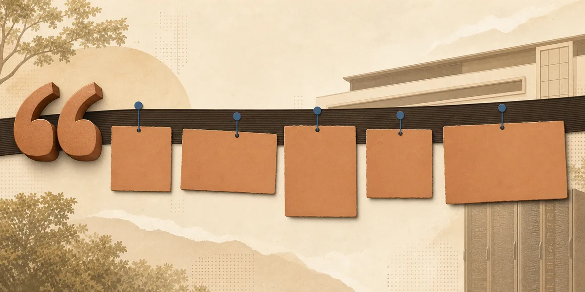 Oversized quote marks and a timeline ribbon with dated cards pinned along it.