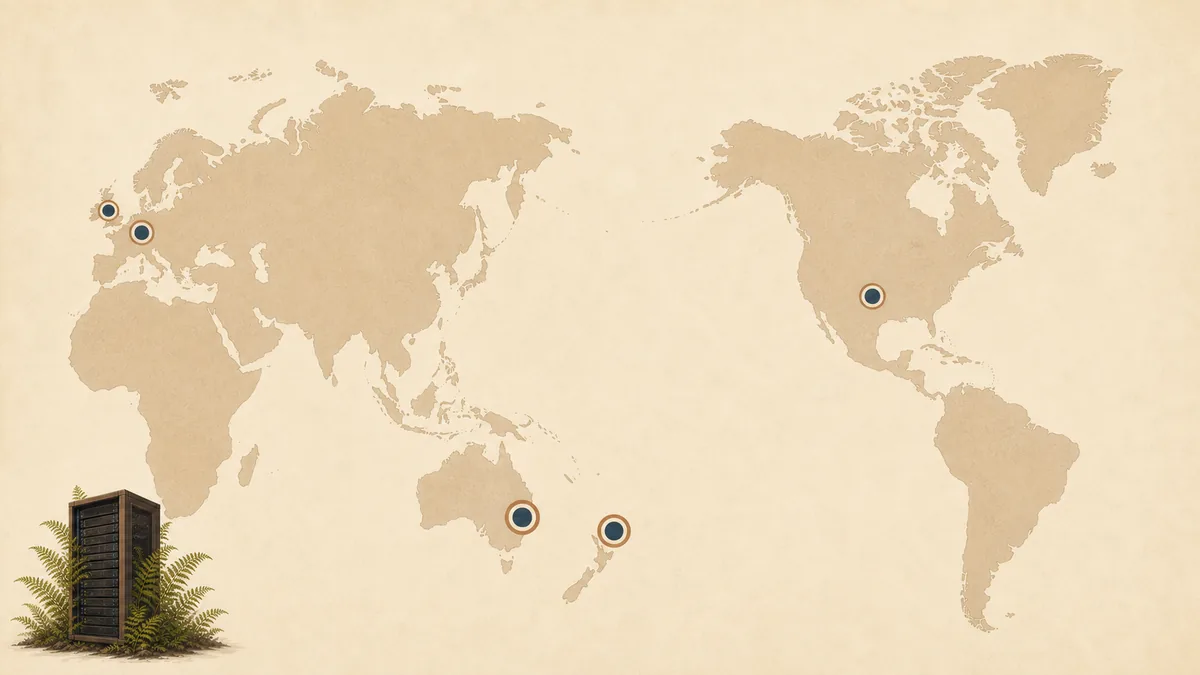 A flat world map with five data-centre nodes beside an unlabelled cabinet.