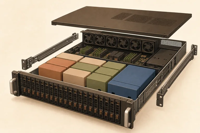 A server chassis in exploded view revealing differently sized VM blocks.