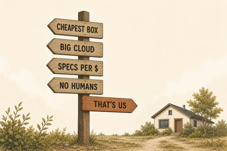 A wooden signpost with five arms: cheapest box, big cloud, specs per dollar and no humans point away; a warm arm labelled that’s us points to a small house.