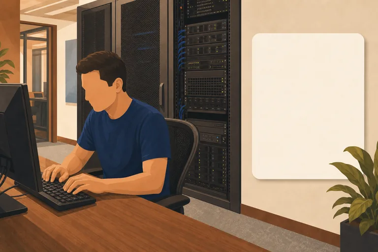 A staff technician works at a keyboard beside a server rack.