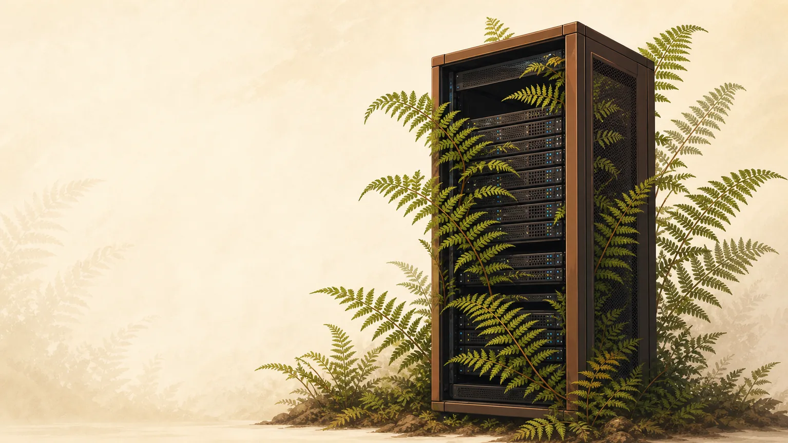 A simplified server rack rises through layered rimu fern fronds.